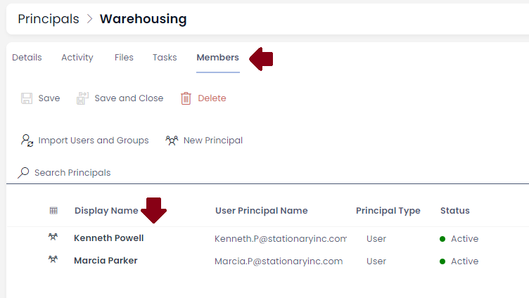 Warehousing role details showing the members tab and Kenneth and Marcial as members